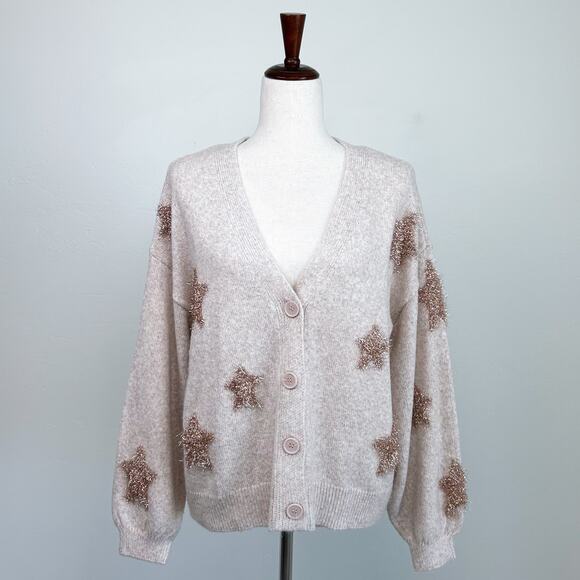 Maurices Gold Tinsel Star Knit V-Neck Cardigan - Picture 1 of 8